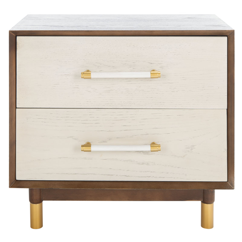 Retro Rustic Walnut/White Washed 2 Drawer Nightstand with Brass Accents