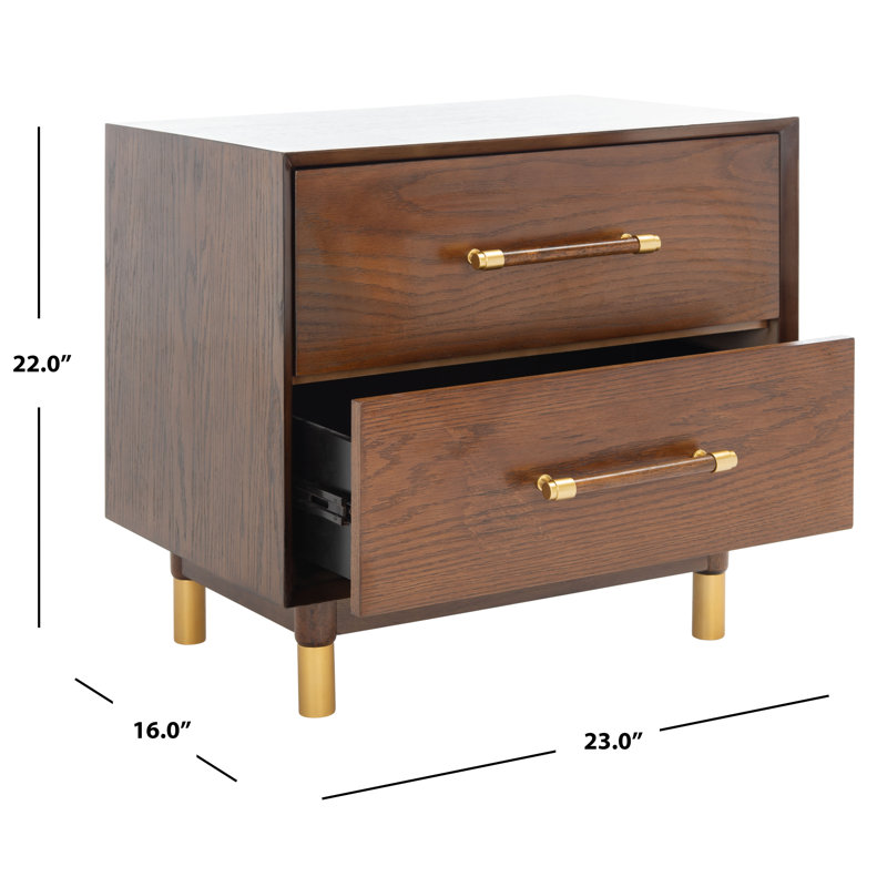 Justice 2-Drawer Walnut Nightstand with Brass Accents