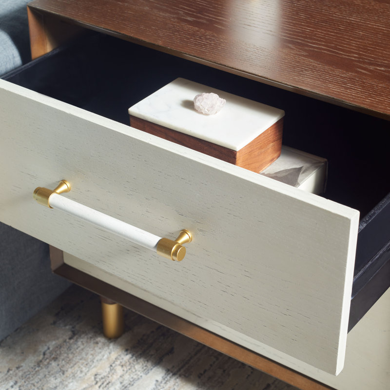 Retro Rustic Walnut/White Washed 2 Drawer Nightstand with Brass Accents