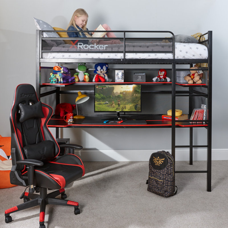 Loft Twin Upholstered Gaming Bunk Bed with Metal Frame and Drawer
