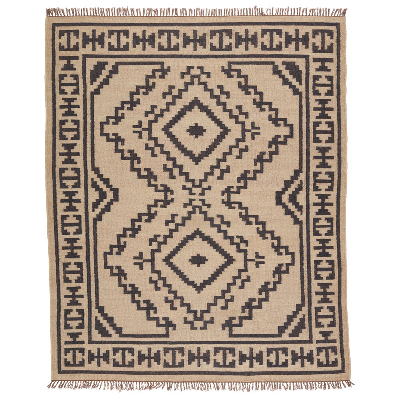 Southwestern Geometric Black and Beige Handwoven Jute Rug