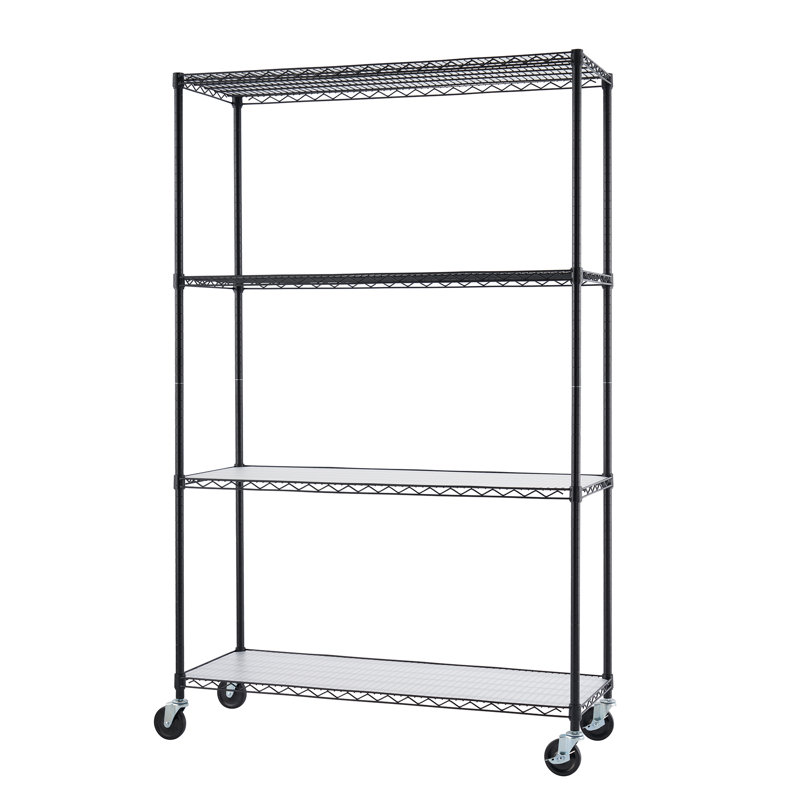 Trinity 4-Tier Black Steel Wire Shelving Unit on Wheels, 48x18x72
