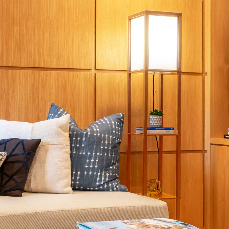 Maxwell Adjustable 63'' Natural Wood Floor Lamp with Shelves