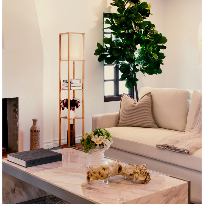 Maxwell Adjustable 63'' Natural Wood Floor Lamp with Shelves