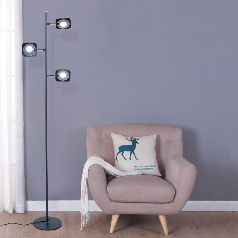 Black Adjustable Multi-Head LED Floor Lamp with 3-Way Switch