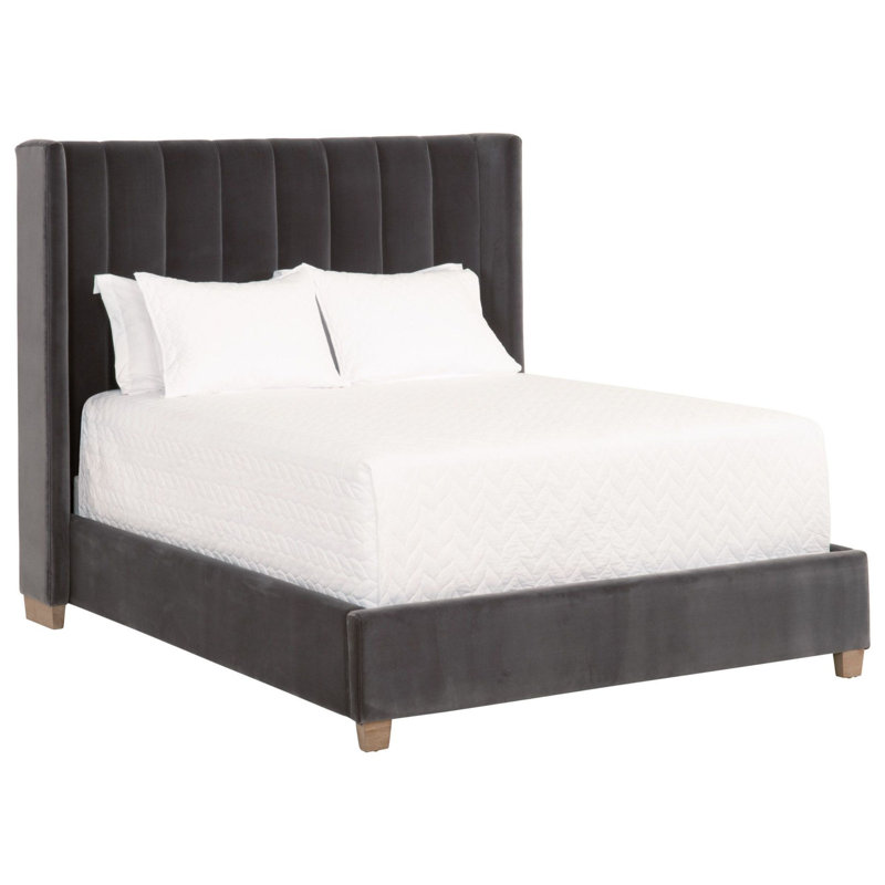 Gray Velvet Upholstered Queen Bed with Oak Frame