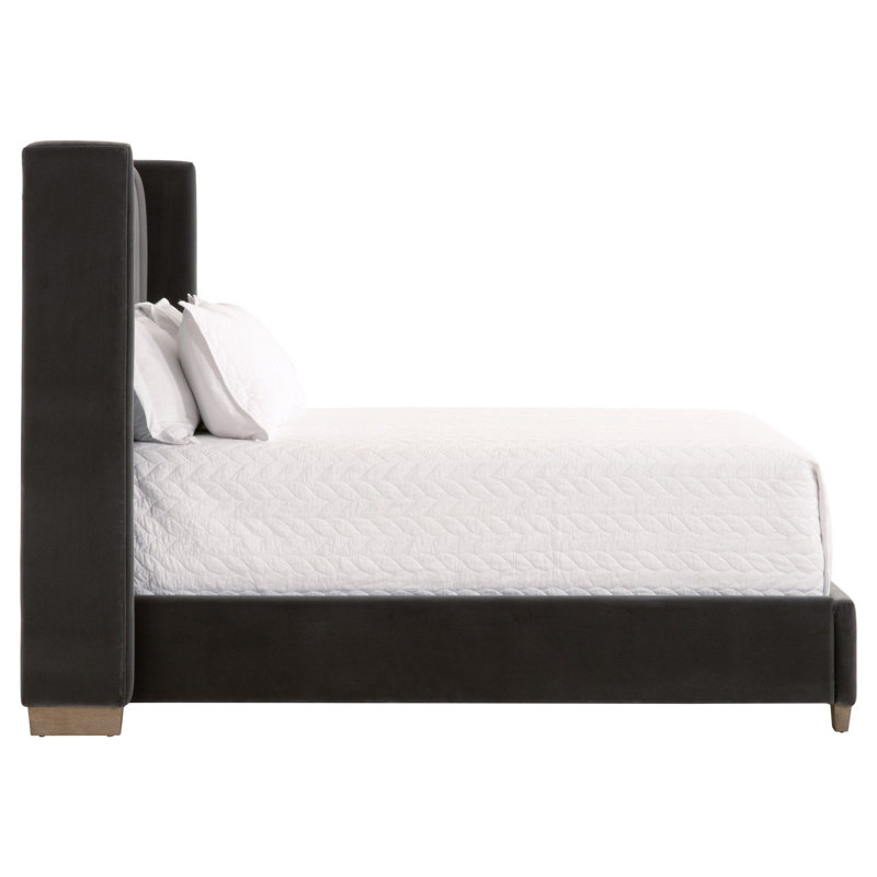 Gray Velvet Upholstered Queen Bed with Oak Frame