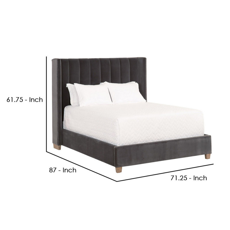 Gray Velvet Upholstered Queen Bed with Oak Frame