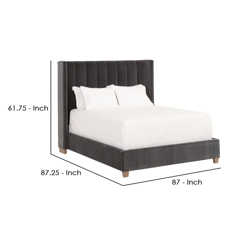 Transitional Dark Gray Velvet King Bed with Oak Accents