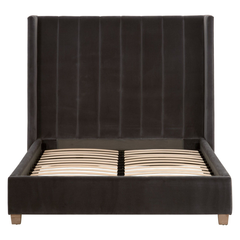 Transitional Dark Gray Velvet King Bed with Oak Accents