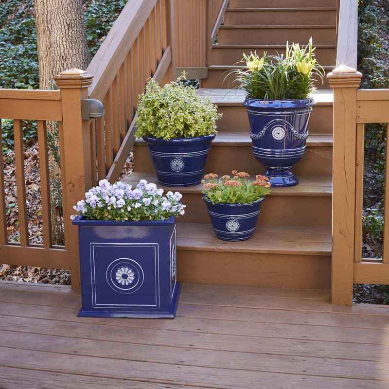 Classical Navy Resin Urn Planter with Molded Floral Details