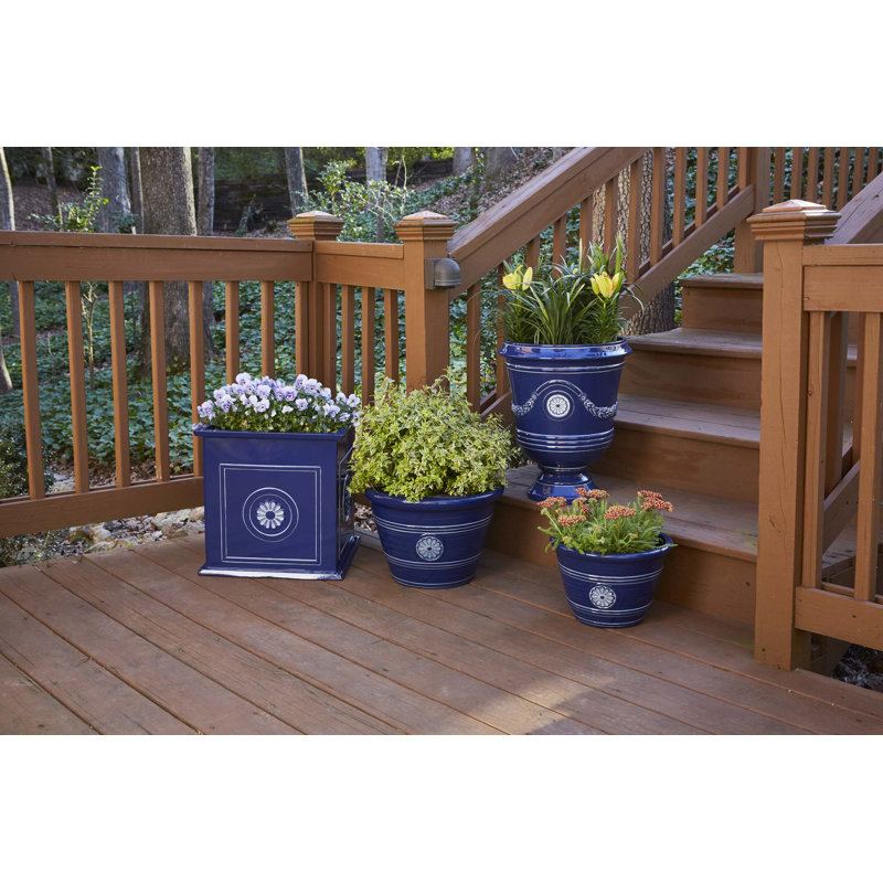Classical Navy Resin Urn Planter with Molded Floral Details