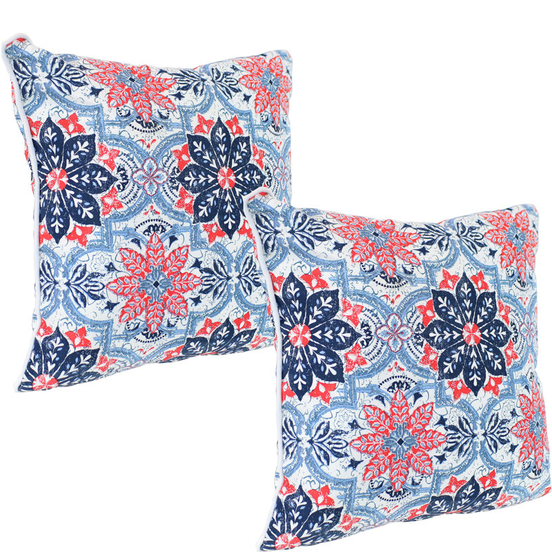 16" x 16" Blue and Red Floral Polyester Square Outdoor Throw Pillows, Set of 2