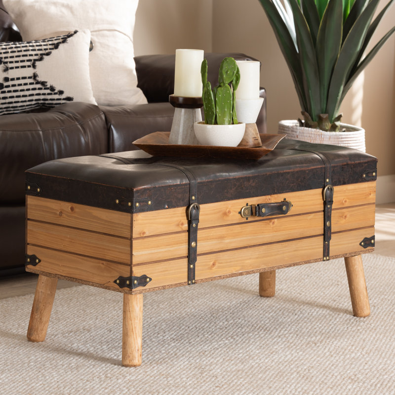Amena Rustic Dark Brown PU Leather & Oak Large Storage Ottoman