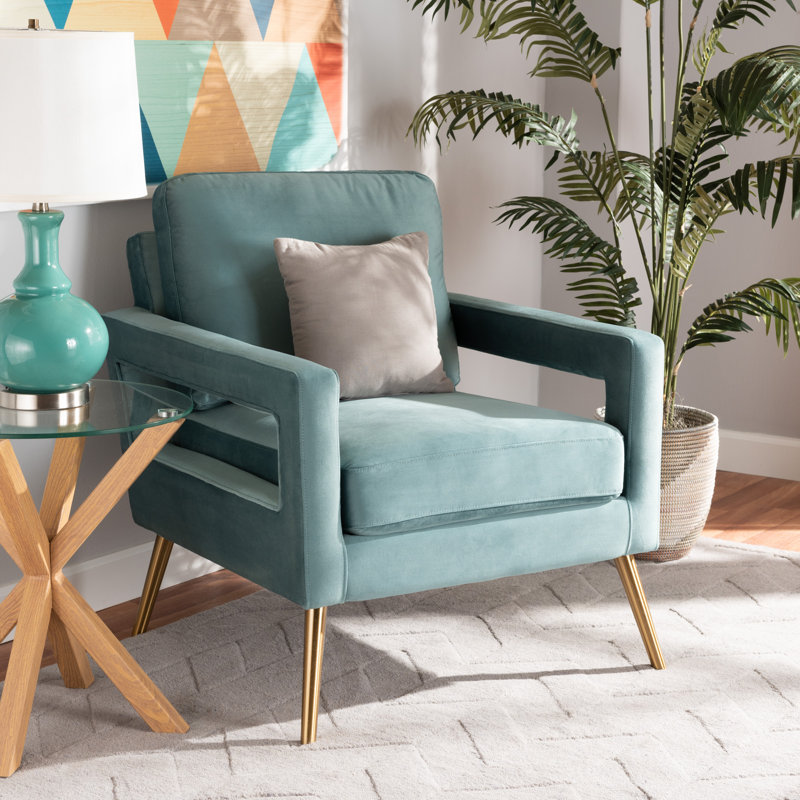 Elysian Light Blue Velvet and Gold Wood Accent Chair