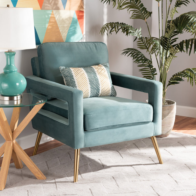 Elysian Light Blue Velvet and Gold Wood Accent Chair