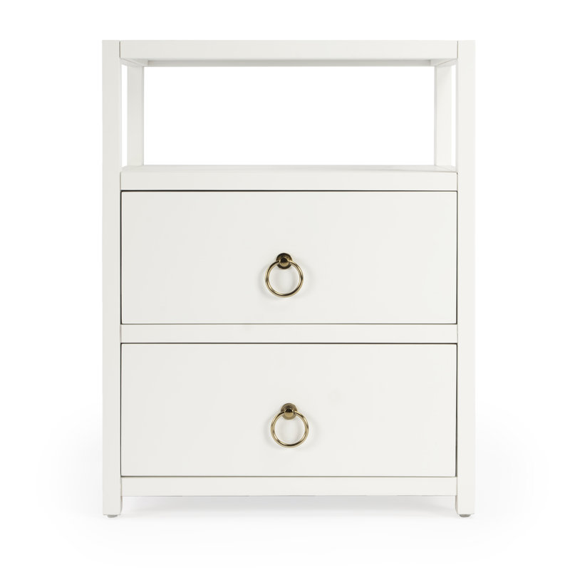 Luxe Minimalist White Acacia 2-Drawer Nightstand with Open Shelf