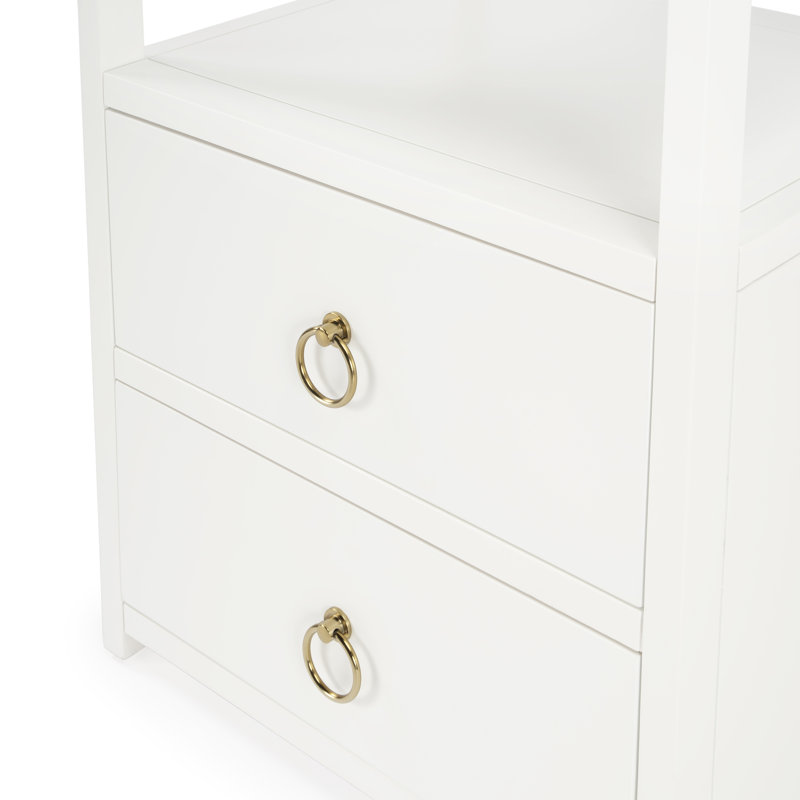 Luxe Minimalist White Acacia 2-Drawer Nightstand with Open Shelf