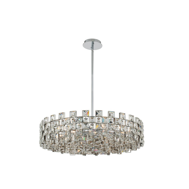 Polished Chrome Crystal Drum Chandelier with Checkered Pattern