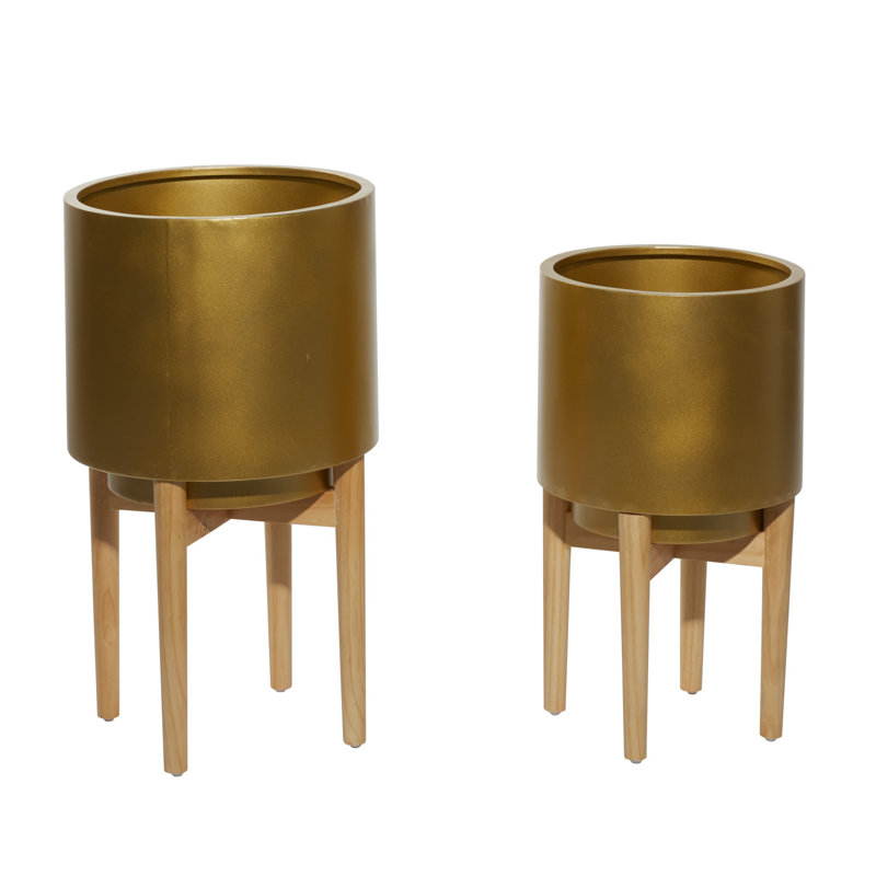 Mid-Century Gold and Wood Circular Planter Set, 24" & 20"H