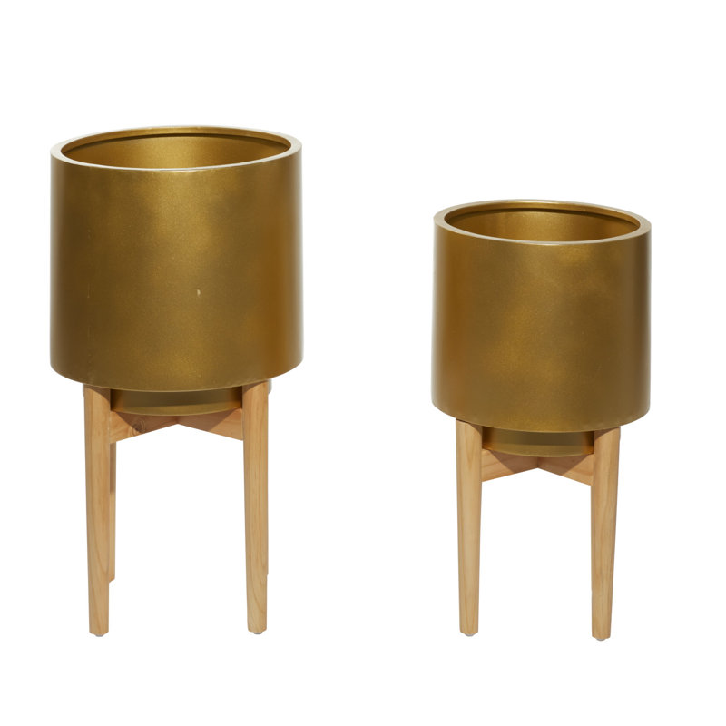 Mid-Century Gold and Wood Circular Planter Set, 24" & 20"H