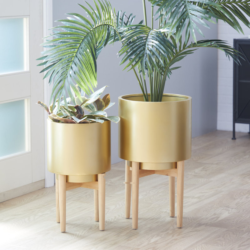 Mid-Century Gold and Wood Circular Planter Set, 24" & 20"H