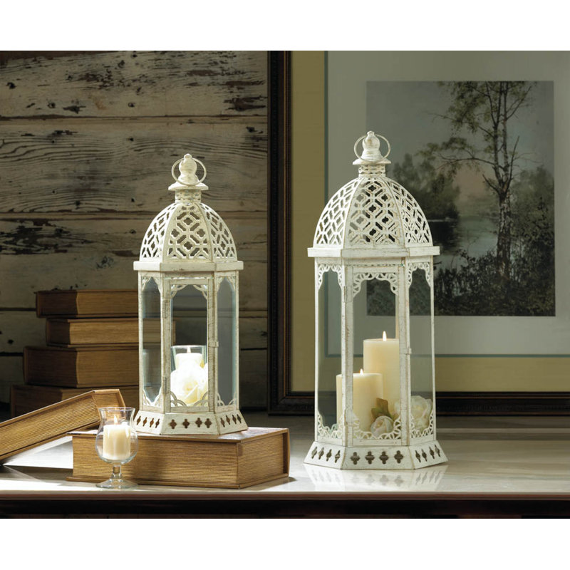 Amina Graceful Distressed White Iron Hanging Candle Lantern