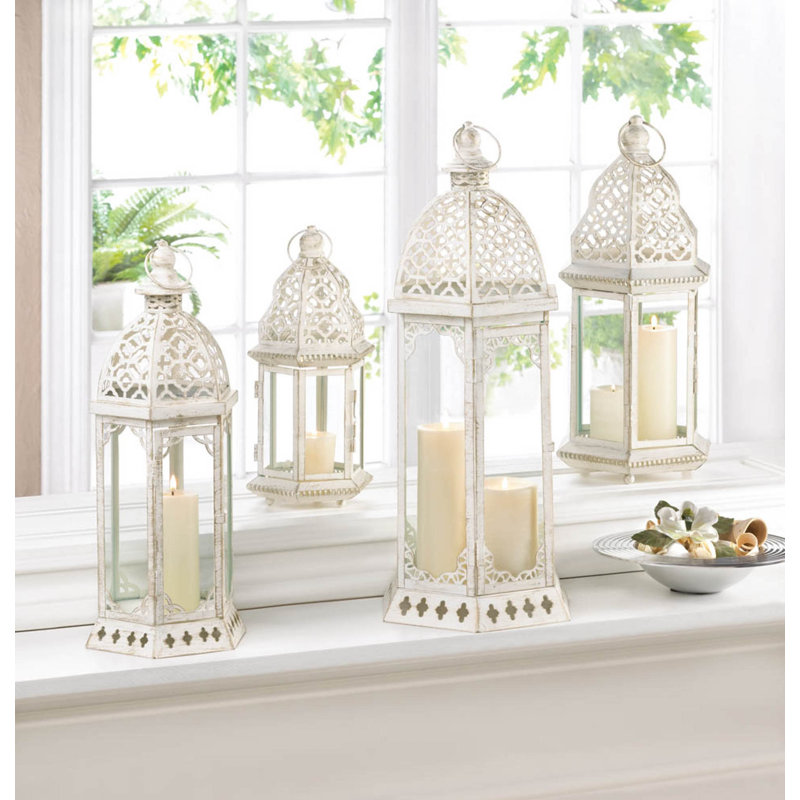Amina Graceful Distressed White Iron Hanging Candle Lantern