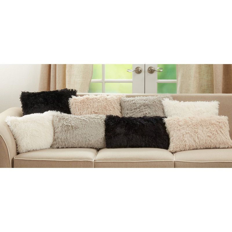 Ivory Faux Fur Rectangular Throw Pillow with Down Filling