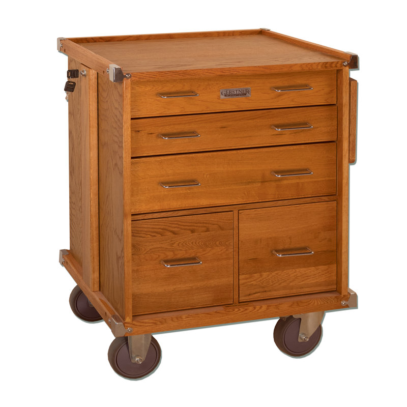 Classic American Red Oak 5-Drawer Lockable Rolling Cabinet
