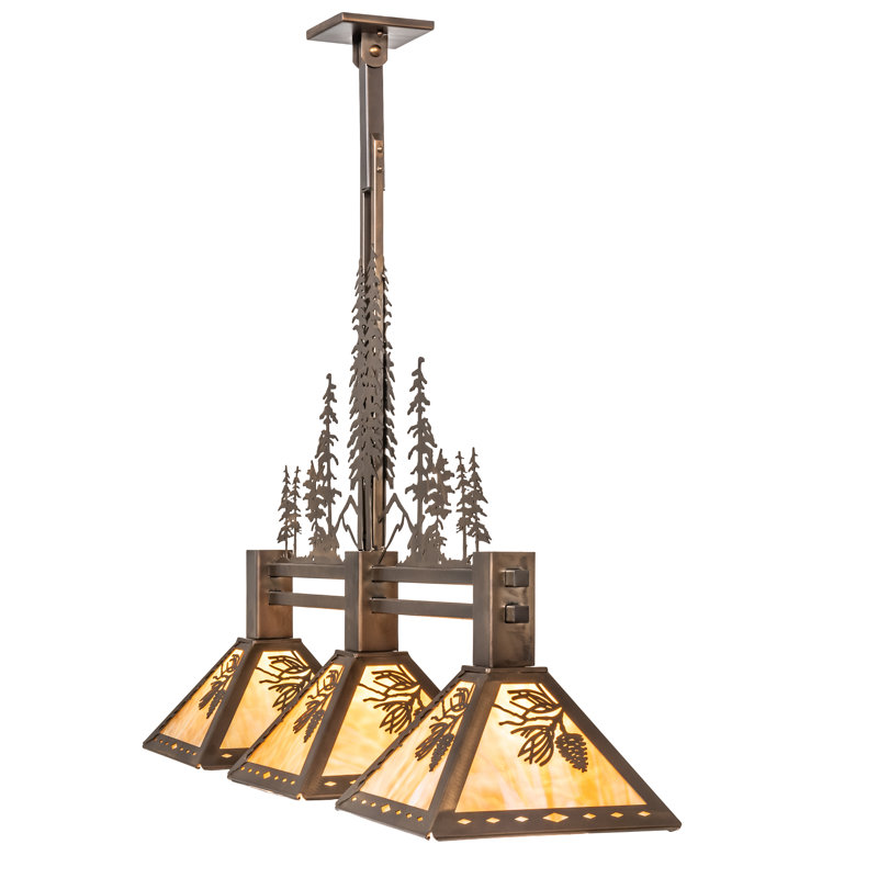 Antique Copper and Beige Glass 3-Light Island Pendant
