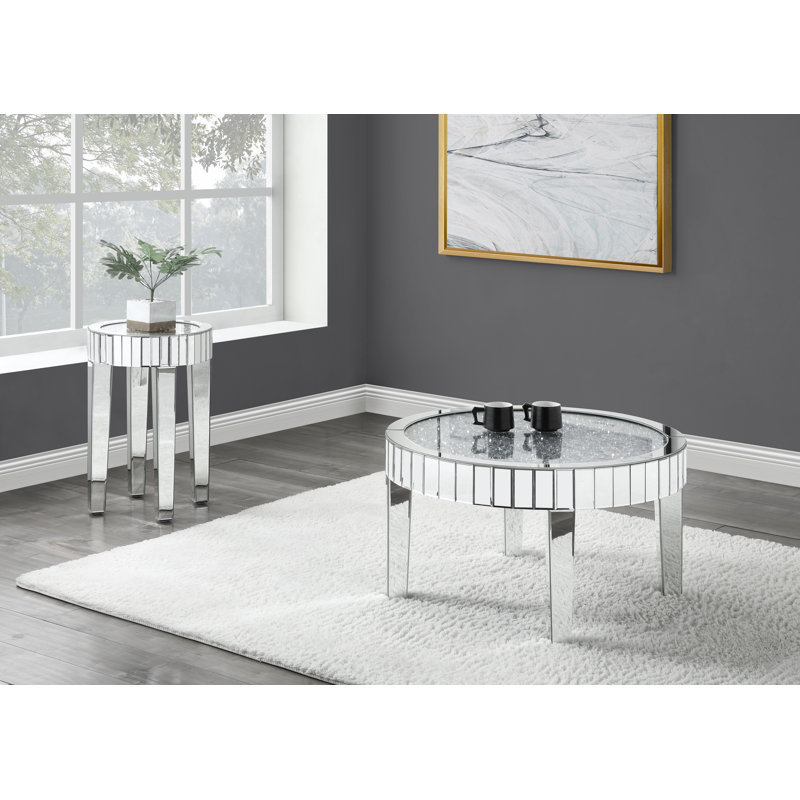 33" Round Mirrored & Faux Diamond Wood End Table