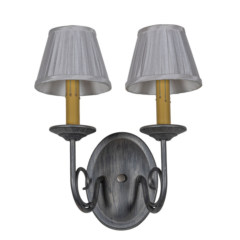Antique Iron Dual Light Wall Sconce with Fabric Shades