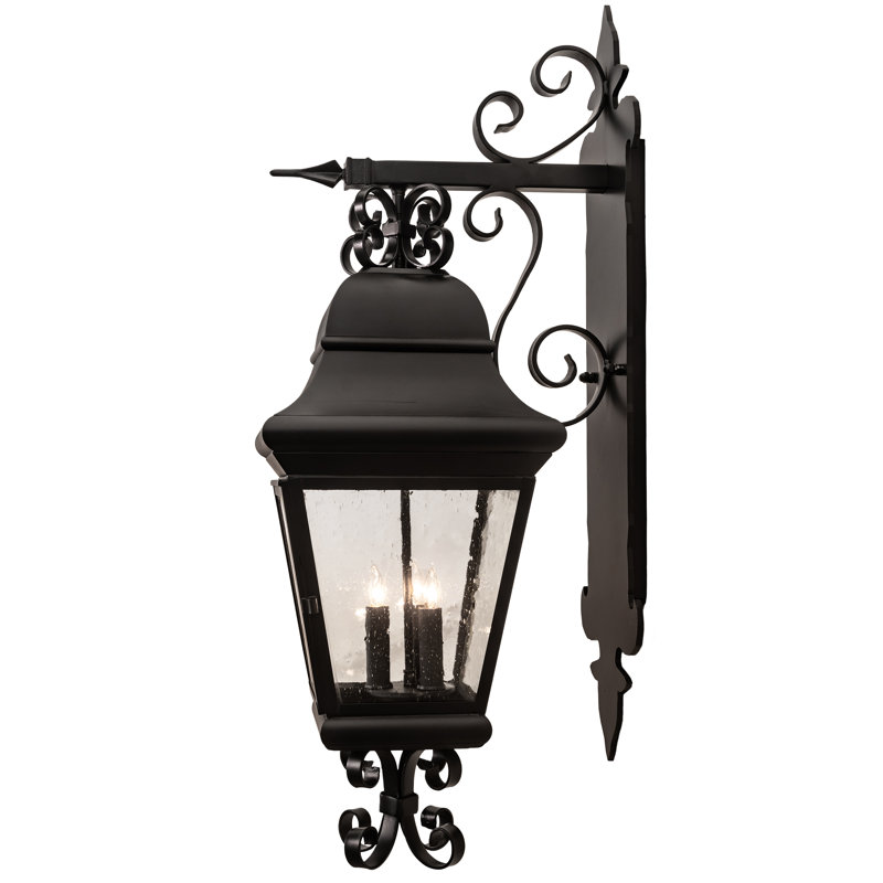 Vincente Black Iron 3-Light Lantern Wall Sconce with Seedy Glass