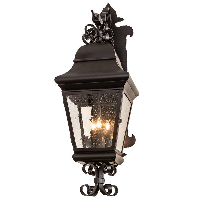 Vincente Black Iron 3-Light Lantern Wall Sconce with Seedy Glass