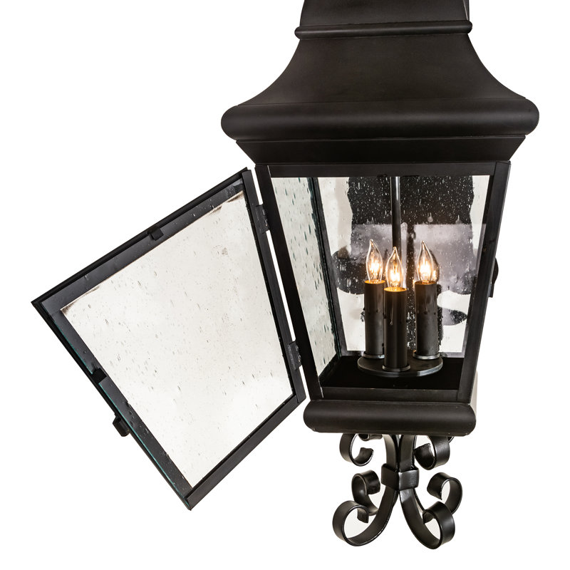 Vincente Black Iron 3-Light Lantern Wall Sconce with Seedy Glass
