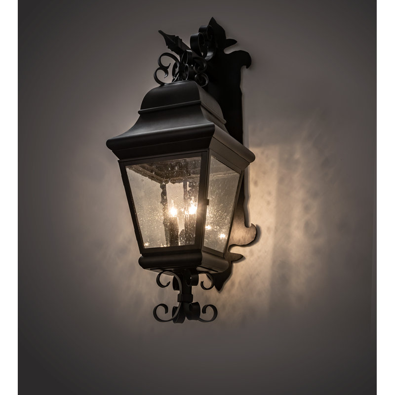 Vincente Black Iron 3-Light Lantern Wall Sconce with Seedy Glass