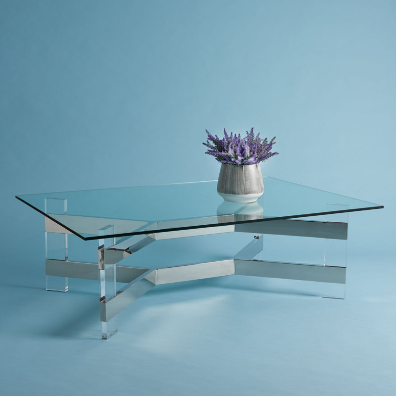 Eugene Silver Stainless Steel and Clear Acrylic Coffee Table with Glass Top