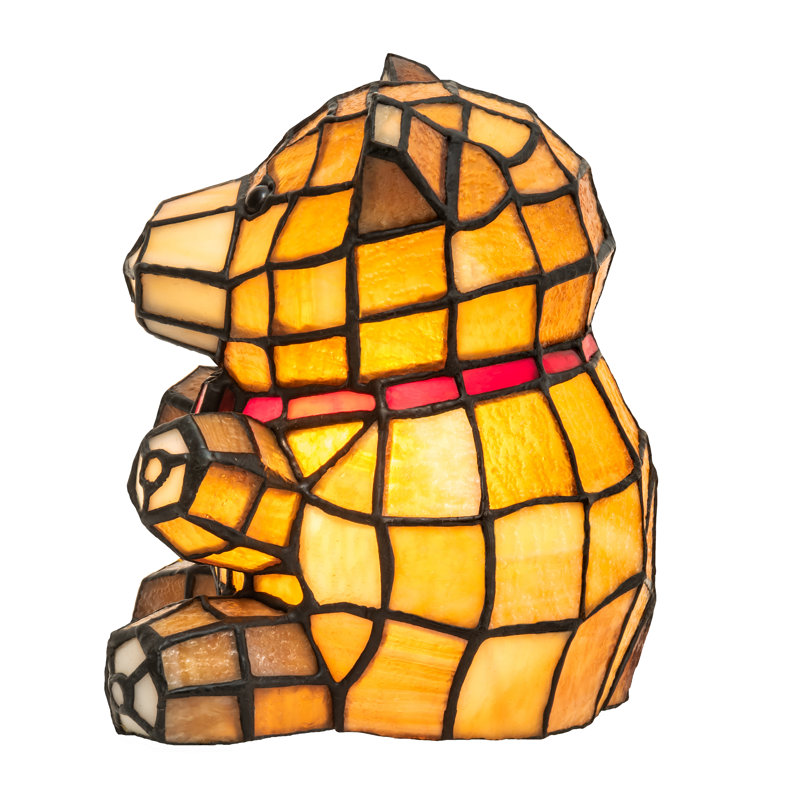7" Mauve and Coral Stained Glass Teddy Bear Accent Lamp