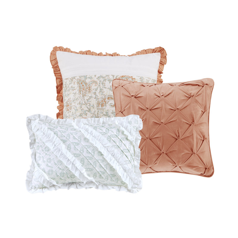Coral and White Cotton Queen Comforter Set with Floral Print