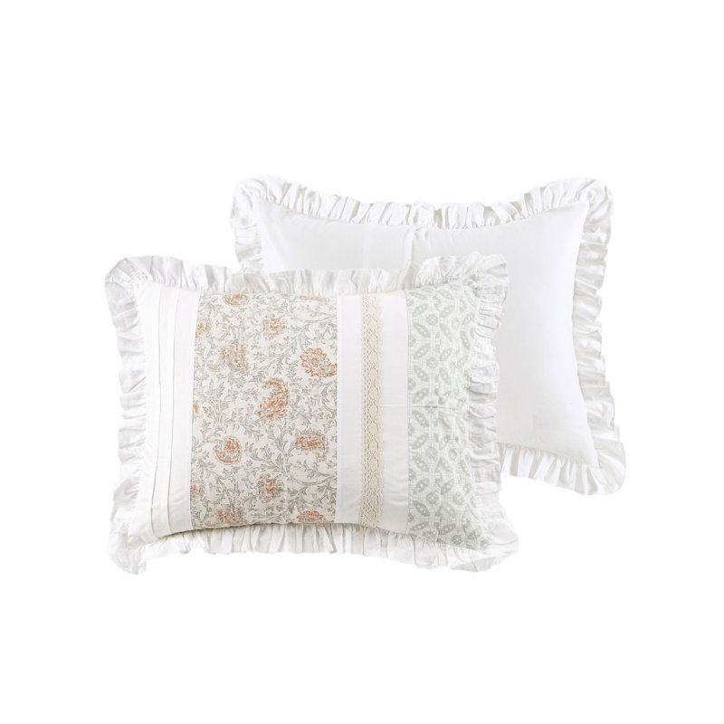 Coral and White Cotton Queen Comforter Set with Floral Print