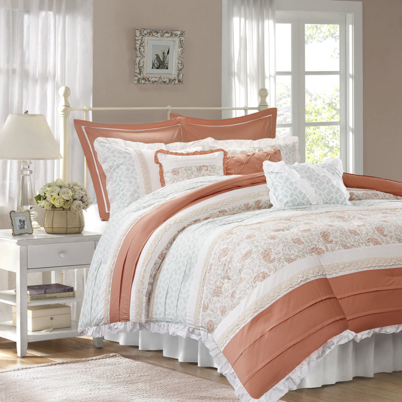 Coral and White Cotton Queen Comforter Set with Floral Print