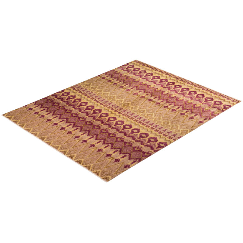 Hand-Knotted Beige and Red Wool Aztec Medium Area Rug