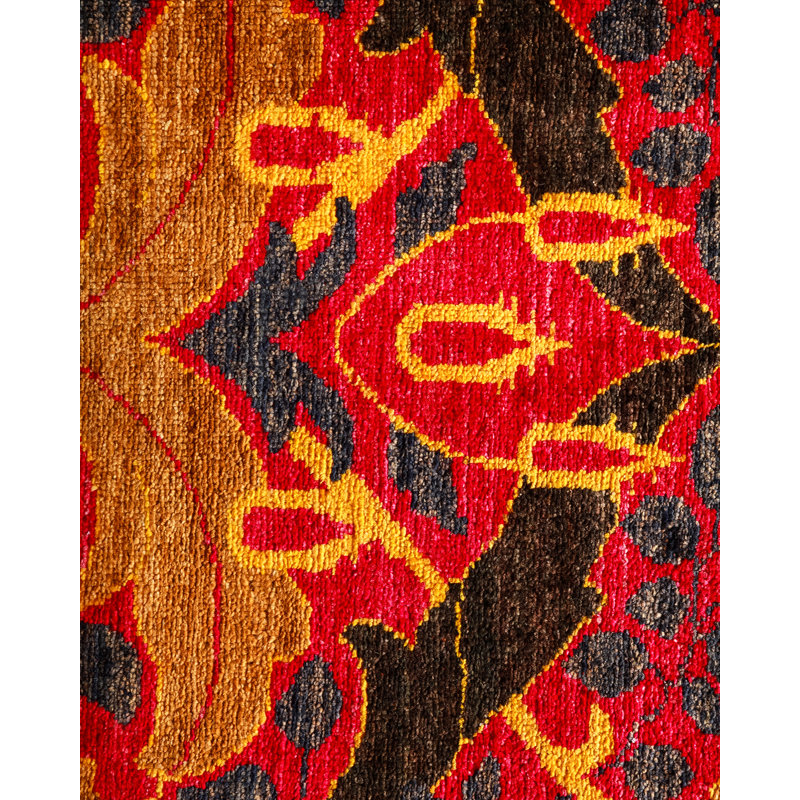 Large Black Hand-Knotted Wool Bohemian Area Rug with Fringe