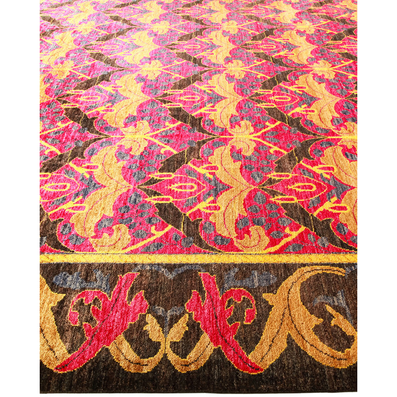 Large Black Hand-Knotted Wool Bohemian Area Rug with Fringe