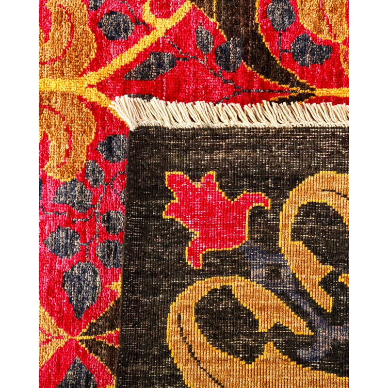 Large Black Hand-Knotted Wool Bohemian Area Rug with Fringe