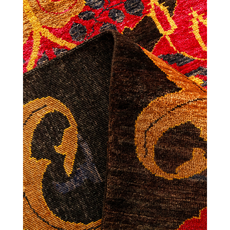Large Black Hand-Knotted Wool Bohemian Area Rug with Fringe