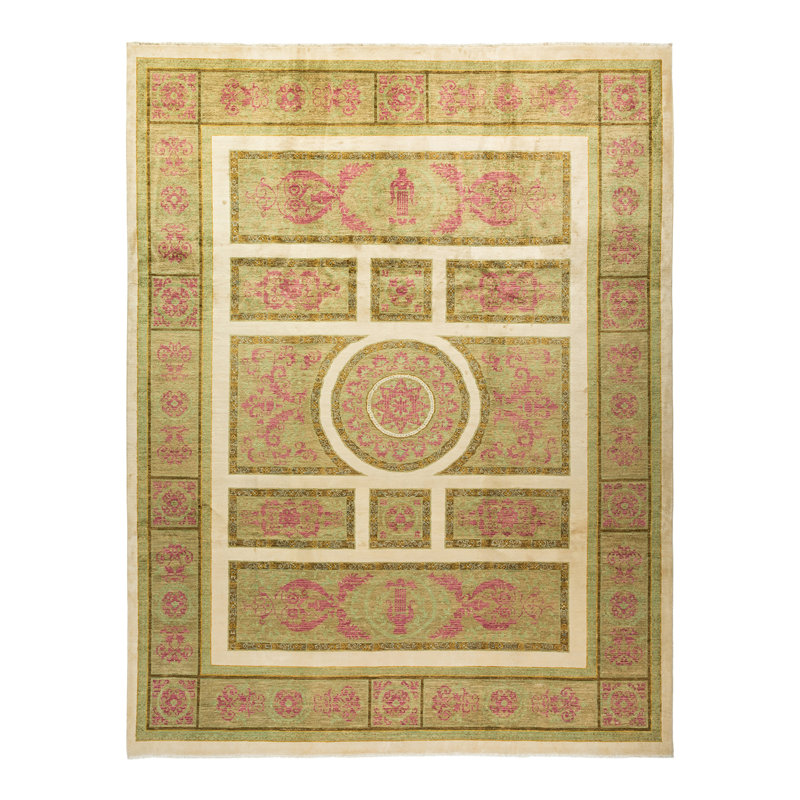 Hand-Knotted Ivory and Light Green Wool Floral Rug