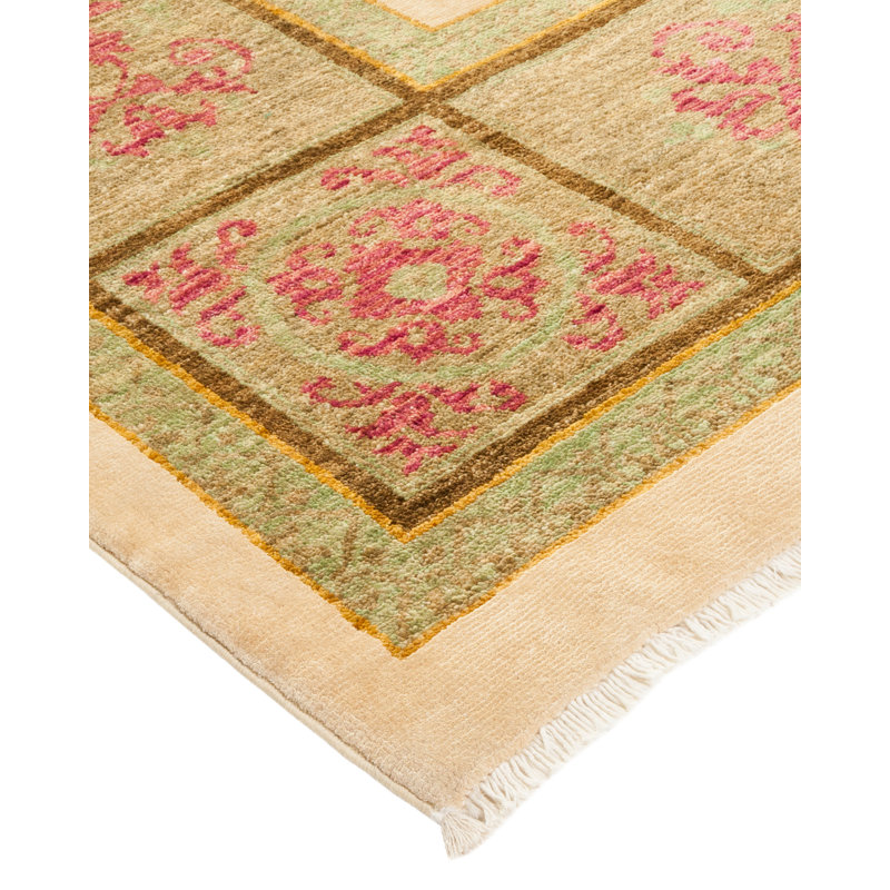 Hand-Knotted Ivory and Light Green Wool Floral Rug