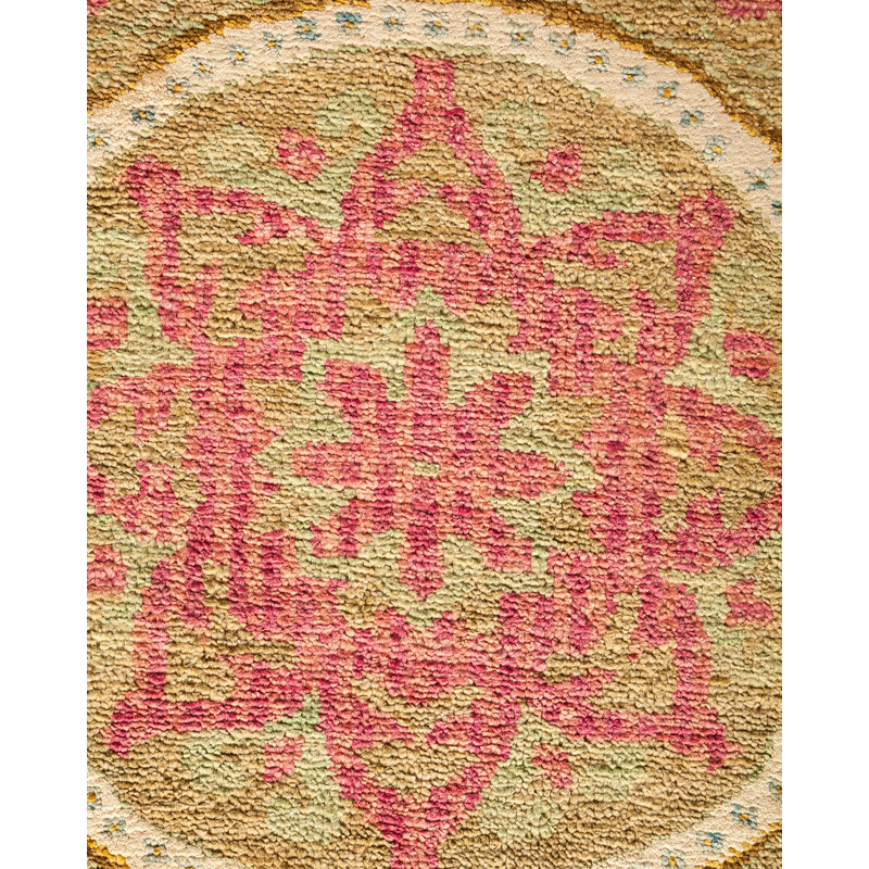 Hand-Knotted Ivory and Light Green Wool Floral Rug